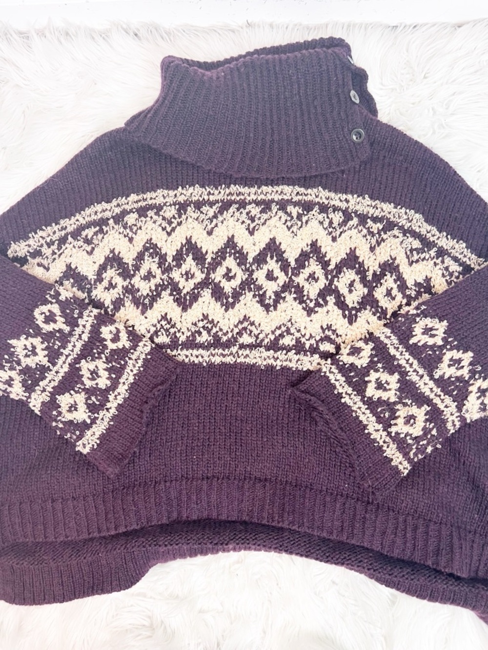 FREE PEOPLE FAIR ISLE SPLIT NECK PURPLE TAN SWEATER WOMENS SZ LARGE NWT - Picture 2 of 8